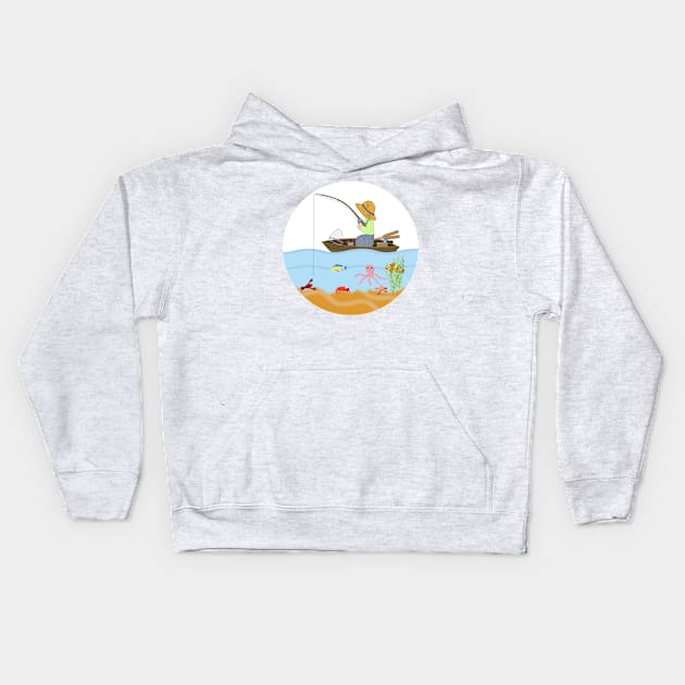 Fishing Illustration Kids Hoodie by KarwilbeDesigns